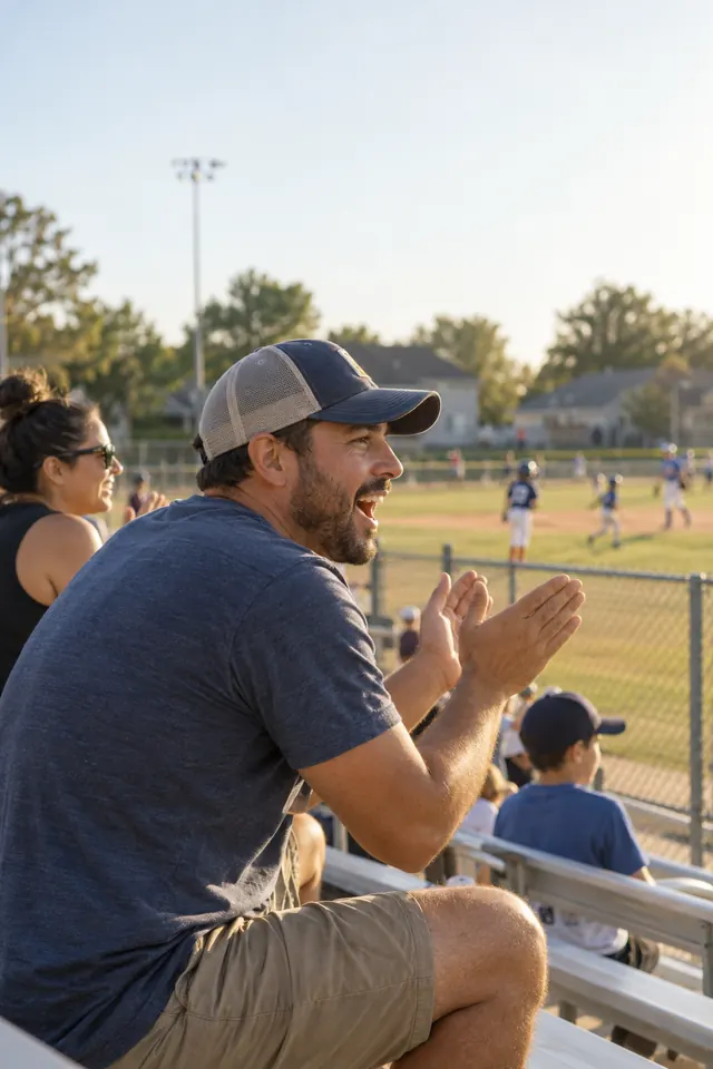 A dad cheering from the bleachers at a little league game