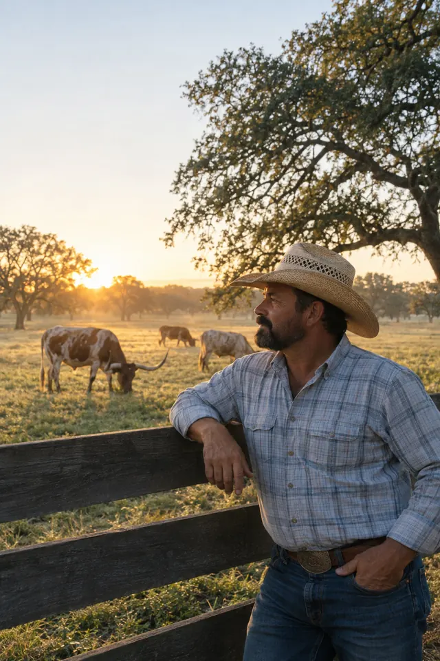 A rancher leaning on a fence with longhorn cattle at sunrise