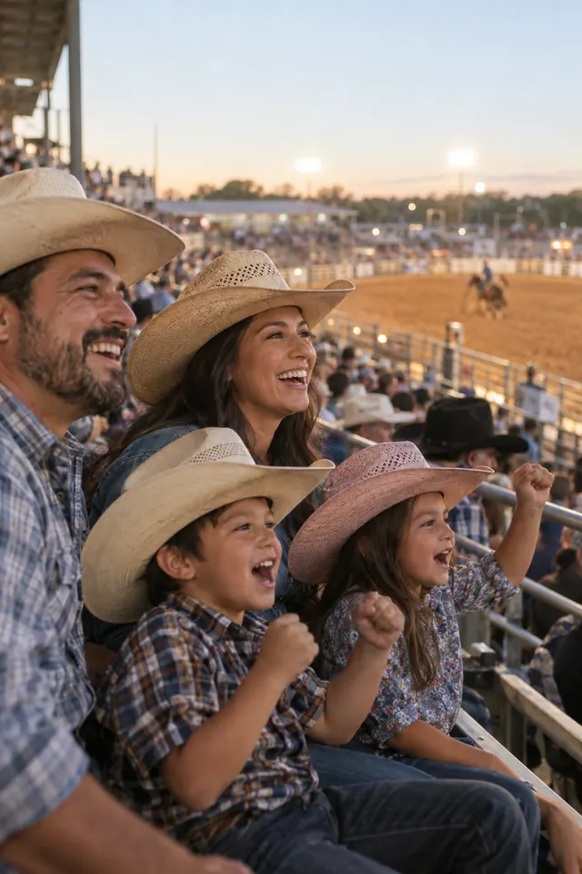 A family in cowboy hats cheering in the stands at the rodeo